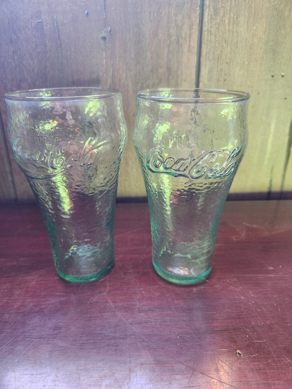 Vintage Coca-Cola Green Pebbled Glass Tumblers Set of 2 6.25 Inch Script Logo